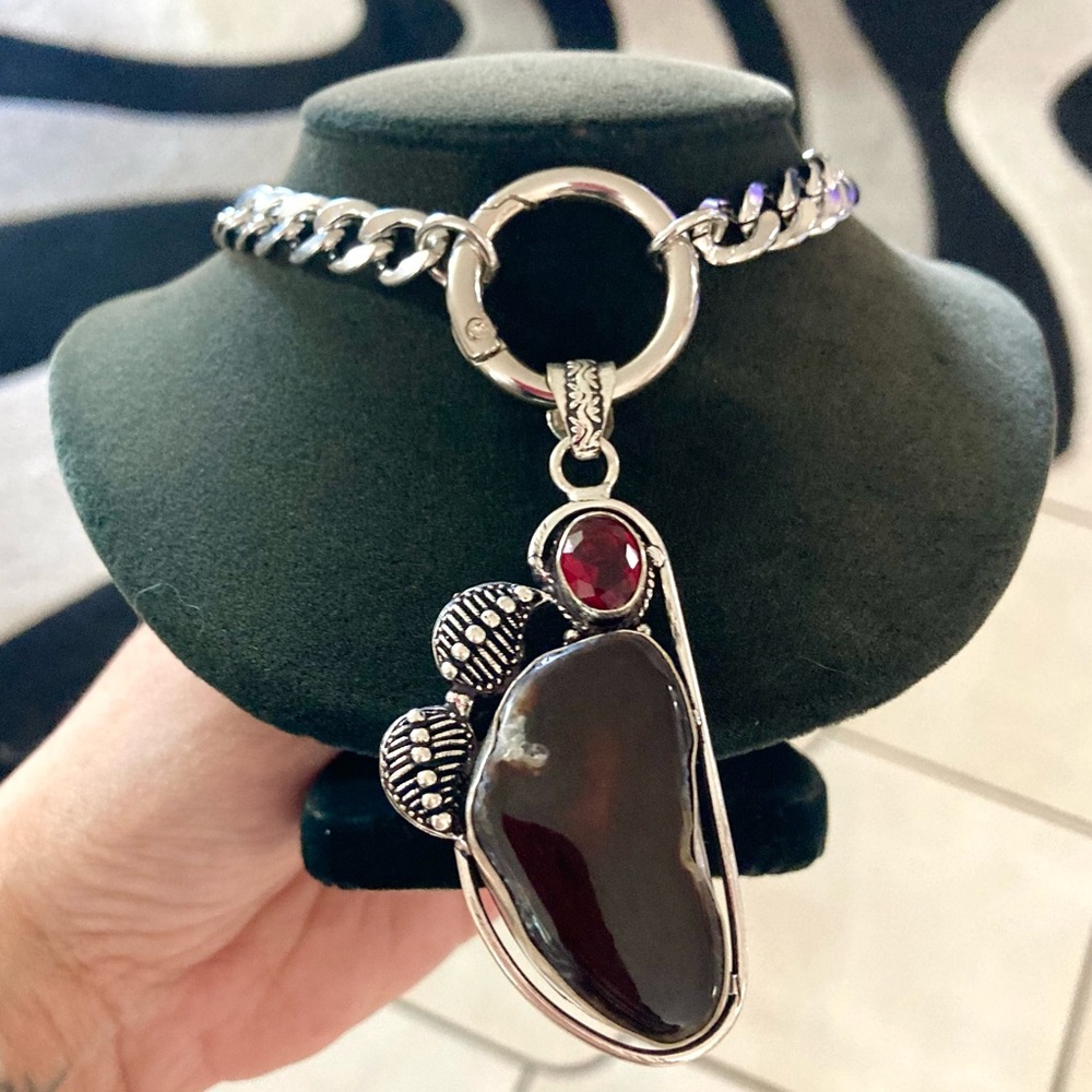 925 Sterling silver overlay garnet & brown black agate gemstone boho necklace